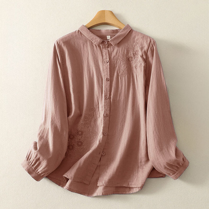 Camisa de manga larga con solapa para mujer con estampado de flores y Buddha Stones - Salmón oscuro - US8-10，UK/AU12-14，EU40-42 (2XL) - image 7