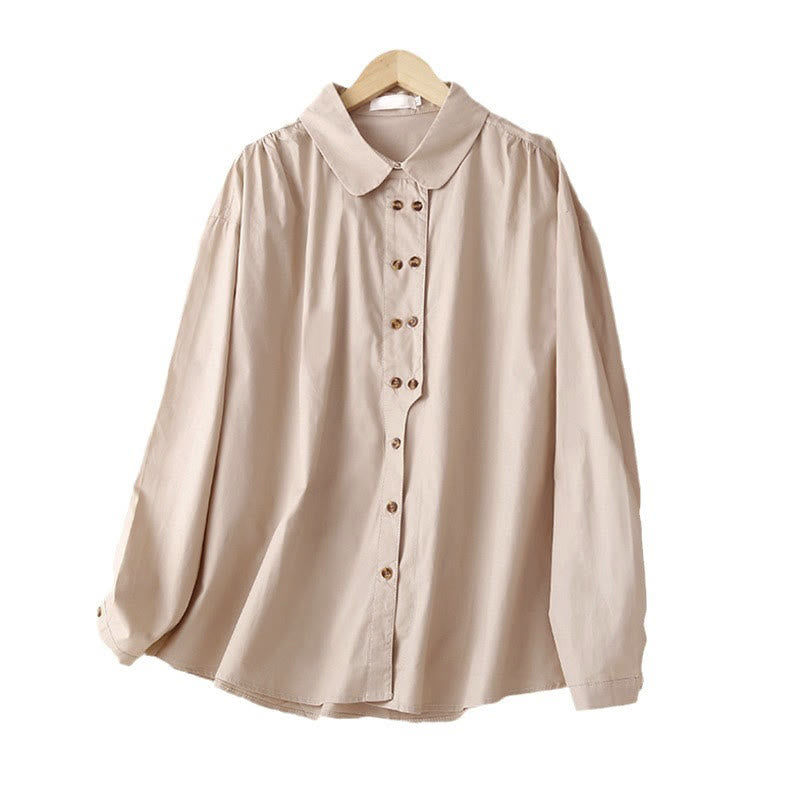 Camisa de algodón de manga larga con solapa y doble botonadura lisa con Buddha Stones para mujer - image 12