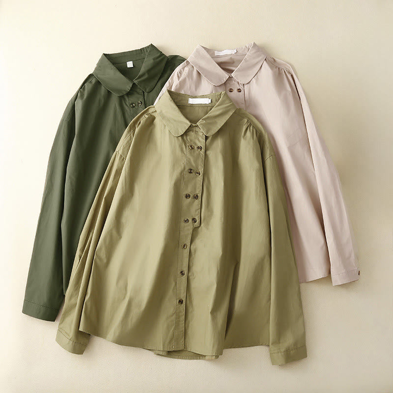 Camisa de algodón de manga larga con solapa y doble botonadura lisa con Buddha Stones para mujer - image 0