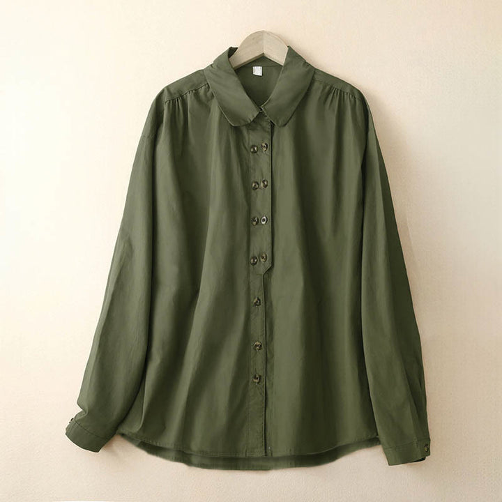Camisa de algodón de manga larga con solapa y doble botonadura lisa con Buddha Stones para mujer - Verde oliva oscuro - US12, UK/AU16, EU44 (2XL) - image 1