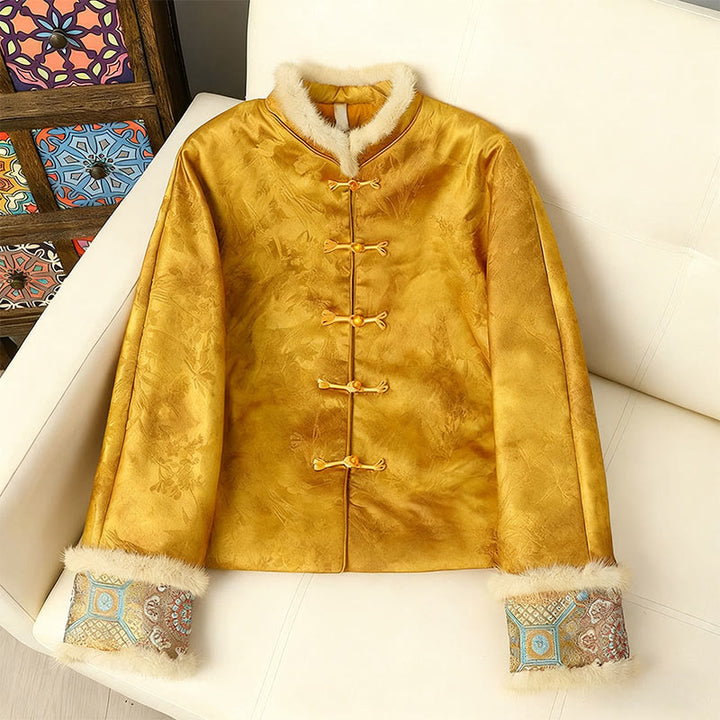 Chaqueta de manga larga y corte grueso para mujer con estampado tradicional chino de Buddha Stones.  - Oro - US12, UK/AU16, EU44 (3XL) - image 0