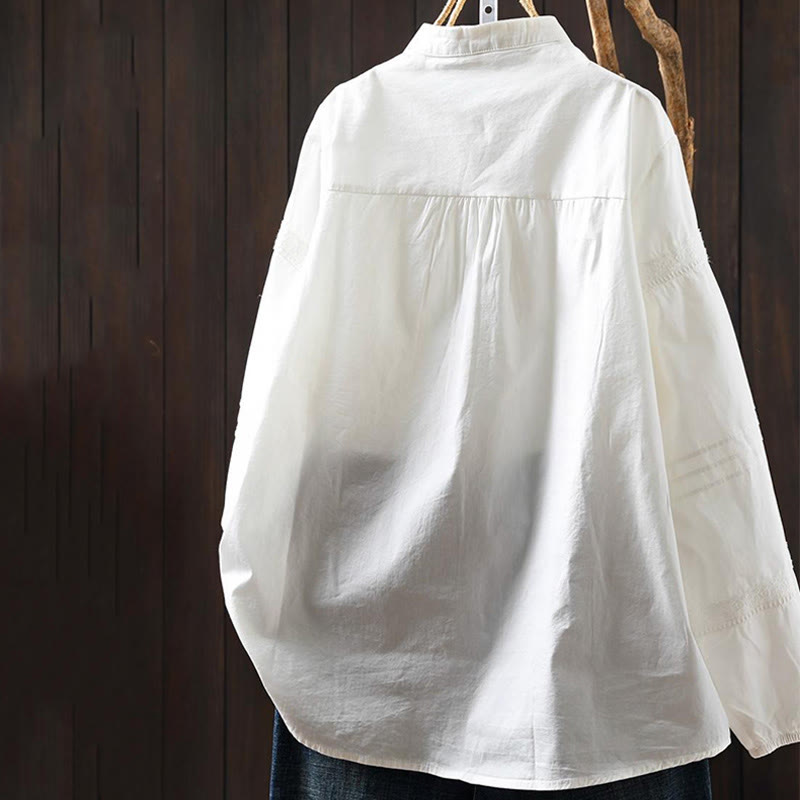 Camisa de manga larga de algodón para mujer con botones y diseño de pliegues en acordeón y Buddha Stones en color blanco otoñal. - image 1