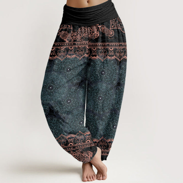 Pantalón tipo harem de cintura elástica para mujer, con diseño elegante de mandalas florales y Buddha Stones en algodón. - Cian oscuro - US22，UK/AU26，EU54 (6XL) - image 0