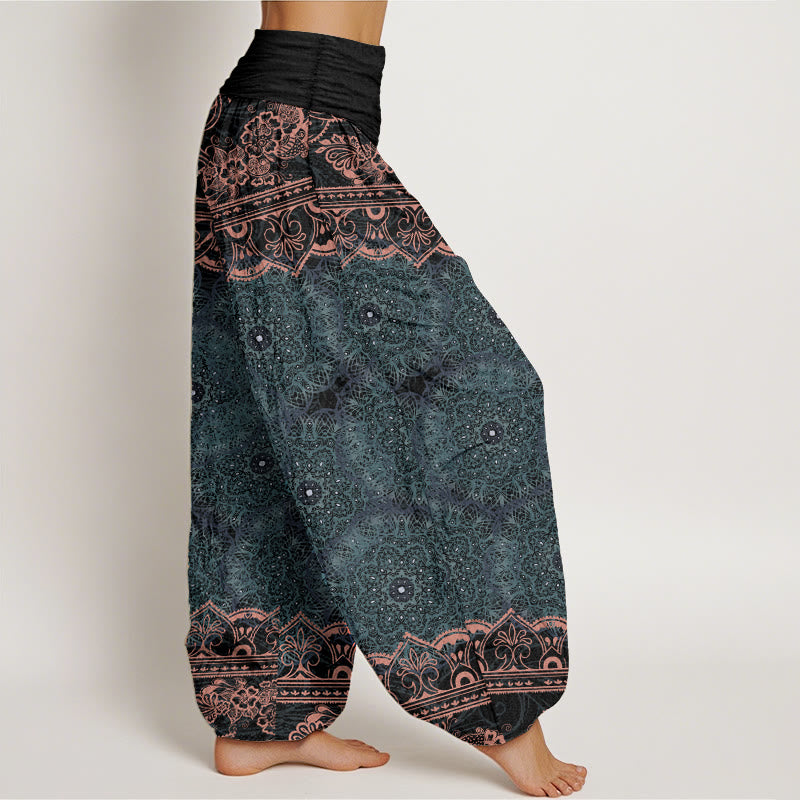 Pantalón tipo harem de cintura elástica para mujer, con diseño elegante de mandalas florales y Buddha Stones en algodón. - image 1