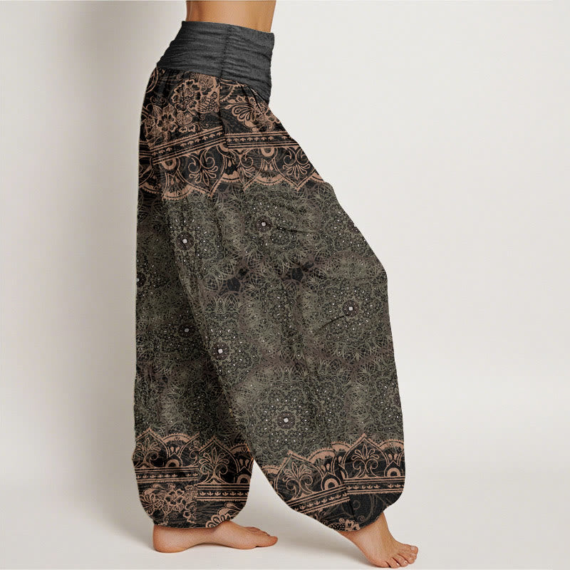 Pantalón tipo harem de cintura elástica para mujer, con diseño elegante de mandalas florales y Buddha Stones en algodón. - image 8