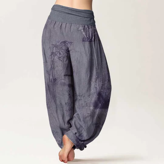 Pantalones bombachos de cintura elástica para mujer, de algodón, estilo informal, con estampado de piedras de Buddha Stones , bambú y tinta. - image 2