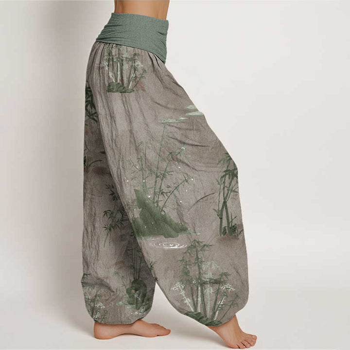 Pantalones bombachos de cintura elástica para mujer, de algodón, estilo informal, con estampado de piedras de Buddha Stones , bambú y tinta. - image 5