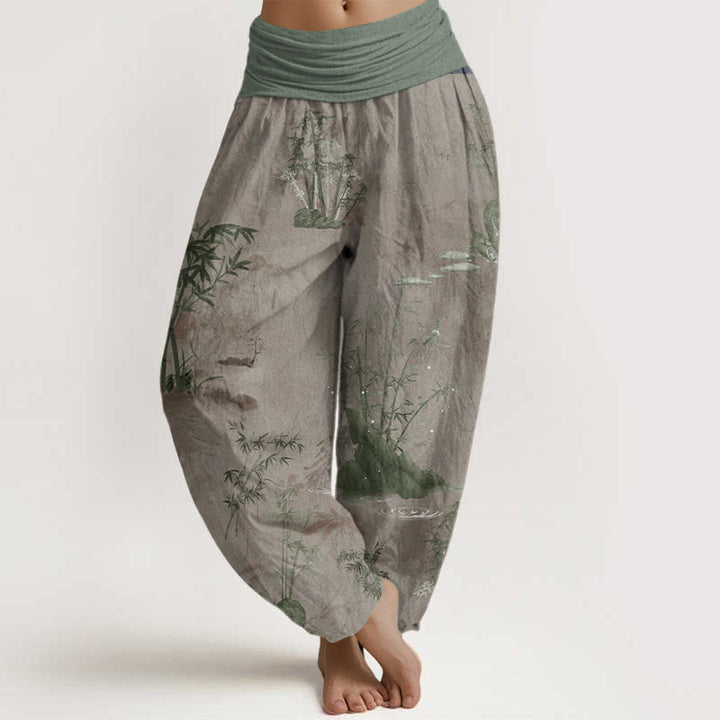 Pantalones bombachos de cintura elástica para mujer, de algodón, estilo informal, con estampado de piedras de Buddha Stones , bambú y tinta. - Broncearse - US22，UK/AU26，EU54 (6XL) - image 4