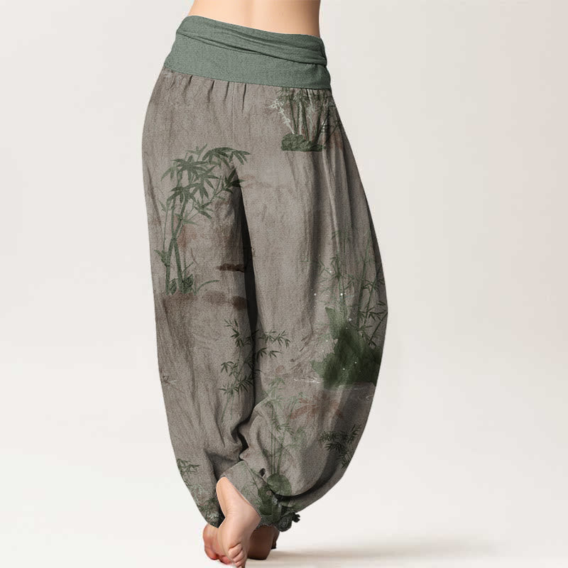Pantalones bombachos de cintura elástica para mujer, de algodón, estilo informal, con estampado de piedras de Buddha Stones , bambú y tinta. - image 6