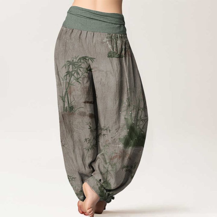 Pantalones bombachos de cintura elástica para mujer, de algodón, estilo informal, con estampado de piedras de Buddha Stones , bambú y tinta. - image 6