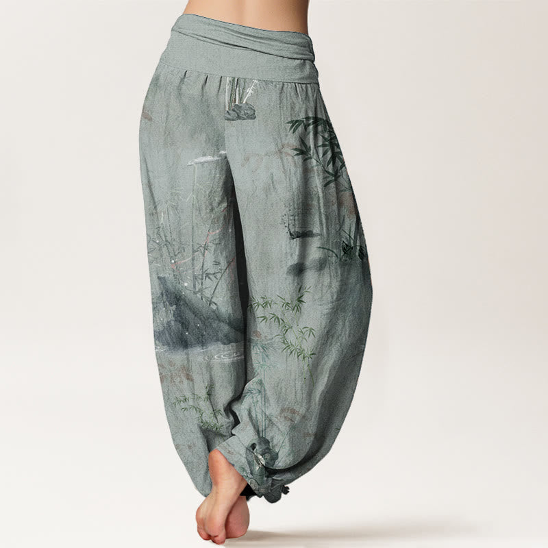 Pantalones bombachos de cintura elástica para mujer, de algodón, estilo informal, con estampado de piedras de Buddha Stones , bambú y tinta. - image 9