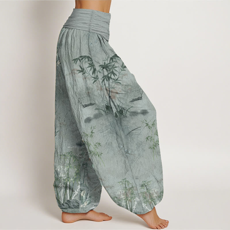 Pantalones bombachos de cintura elástica para mujer, de algodón, estilo informal, con estampado de piedras de Buddha Stones , bambú y tinta. - image 8