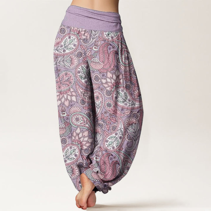 Pantalones bombachos de cintura elástica para mujer con diseño de flores de anacardo, pavo real y girasol, estampado de Buddha Stones. - image 2