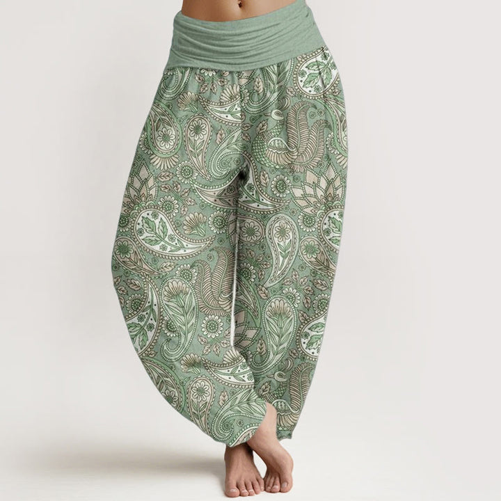 Pantalones bombachos de cintura elástica para mujer con diseño de flores de anacardo, pavo real y girasol, estampado de Buddha Stones. - Aguamarina medio - US22，UK/AU26，EU54 (6XL) - image 4