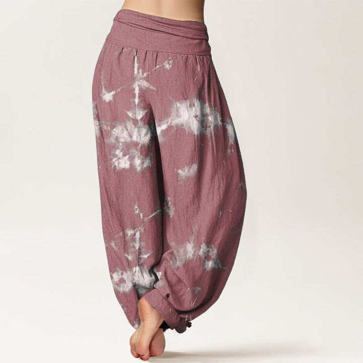 Pantalones bombachos de cintura elástica para mujer con estampado tie-dye de rayas blancas y lunares de algodón con Buddha Stones - image 9