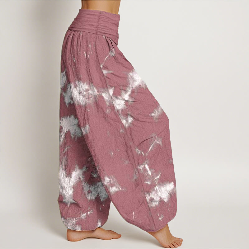Pantalones bombachos de cintura elástica para mujer con estampado tie-dye de rayas blancas y lunares de algodón con Buddha Stones - image 8