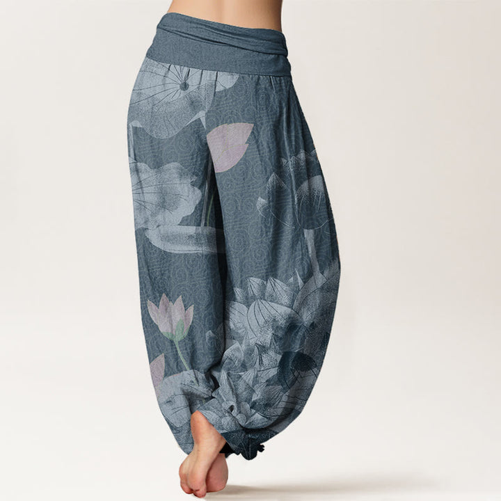 Pantalón tipo harem de cintura elástica para mujer, con estampado de lotos rosas y blancos y Buddha Stones en algodón. - image 5