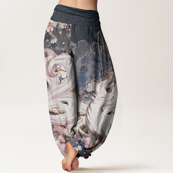 Pantalones bombachos de cintura elástica para mujer con estampado de flores de cerezo y piedras de Buddha Stones, de algodón y zorro. - image 1
