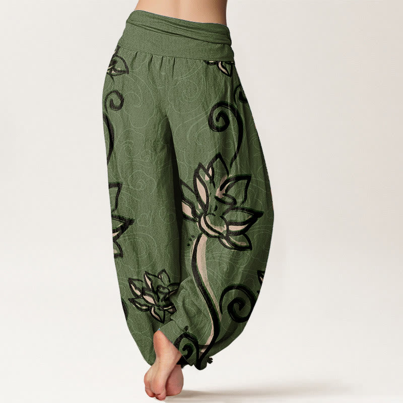 Pantalón tipo harem de cintura elástica para mujer, con diseño informal de nubes auspiciosas y Buddha Stones, de algodón. - image 1