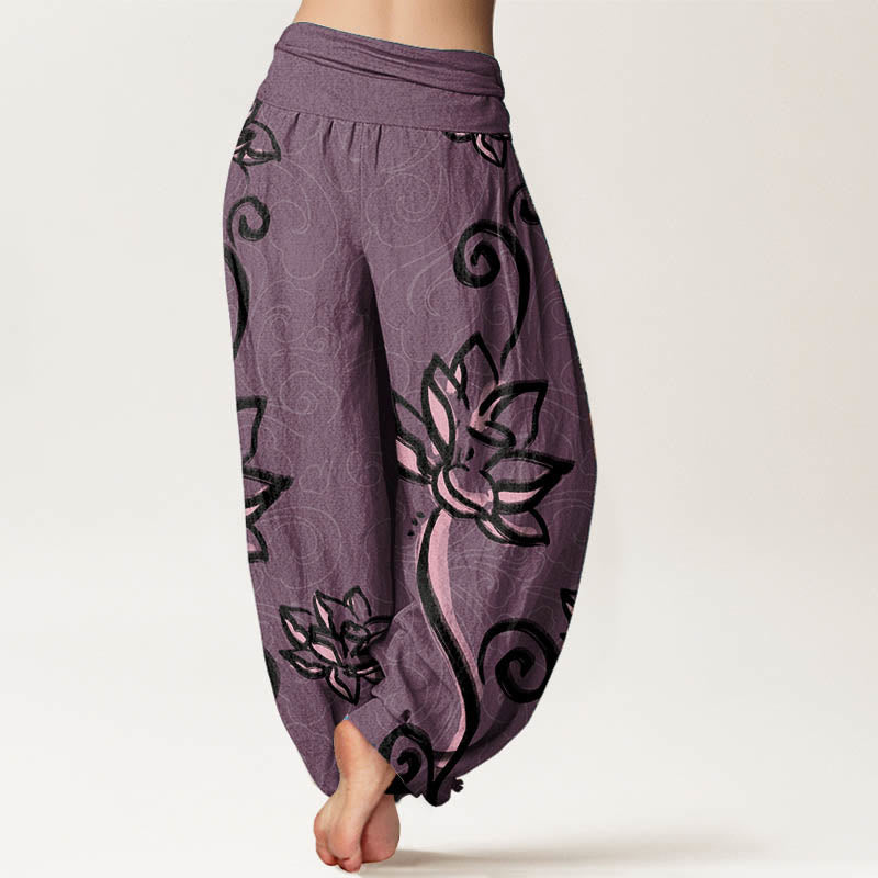 Pantalón tipo harem de cintura elástica para mujer, con diseño informal de nubes auspiciosas y Buddha Stones, de algodón. - image 8