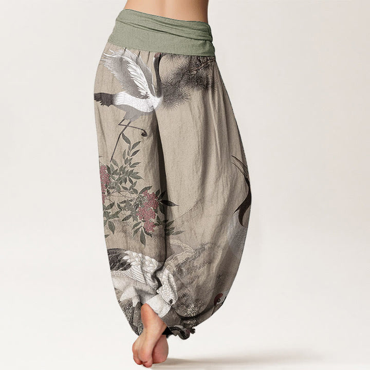 Pantalón tipo harem de cintura elástica para mujer, estilo casual, con estampado de Buddha Stones, grullas de corona roja, pinos y montaña. - image 1