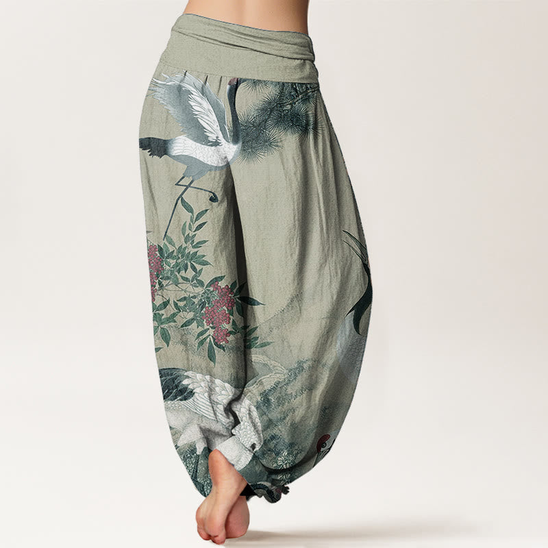 Pantalón tipo harem de cintura elástica para mujer, estilo casual, con estampado de Buddha Stones, grullas de corona roja, pinos y montaña. - image 5