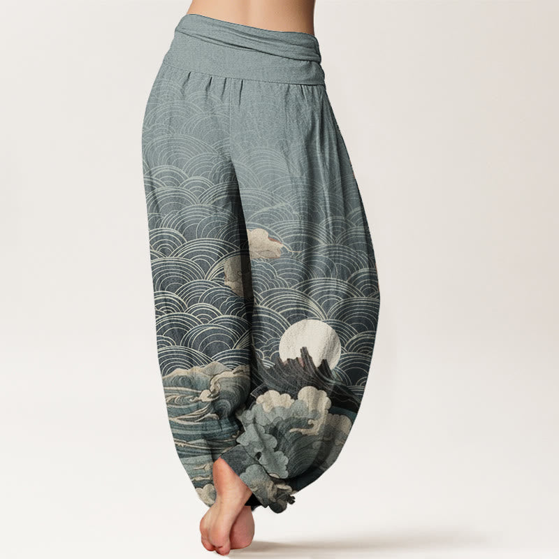 Pantalón tipo harem de cintura elástica para mujer con estampado informal de olas, luna y montaña, de algodón con Buddha Stones. - image 5