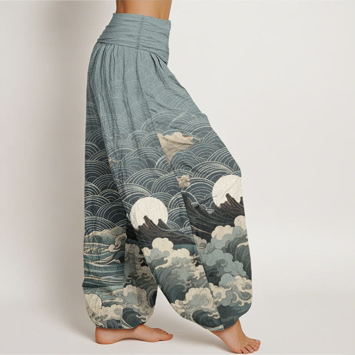 Pantalón tipo harem de cintura elástica para mujer con estampado informal de olas, luna y montaña, de algodón con Buddha Stones. - image 6