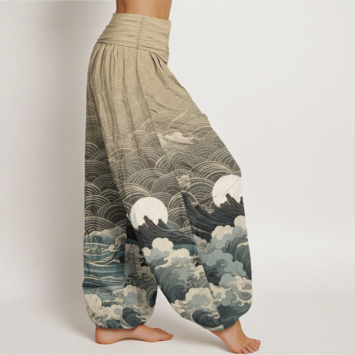 Pantalón tipo harem de cintura elástica para mujer con estampado informal de olas, luna y montaña, de algodón con Buddha Stones. - image 9
