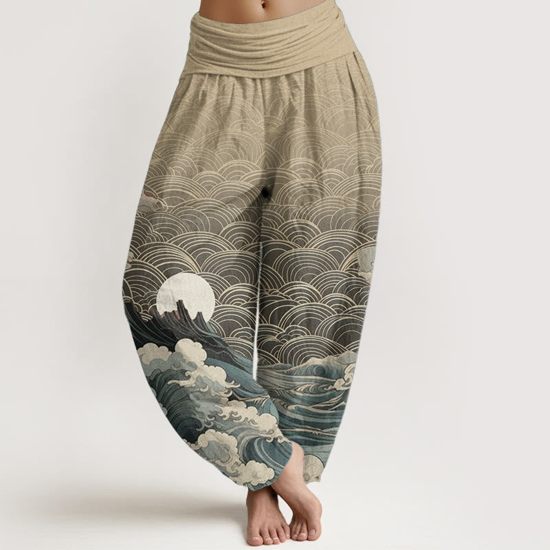 Pantalón tipo harem de cintura elástica para mujer con estampado informal de olas, luna y montaña, de algodón con Buddha Stones. - Trigo - US22，UK/AU26，EU54 (6XL) - image 7