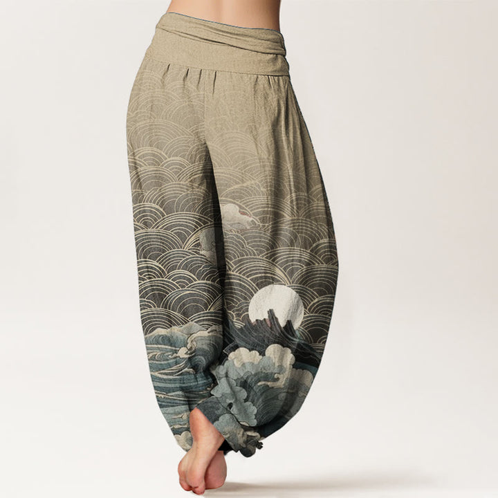 Pantalón tipo harem de cintura elástica para mujer con estampado informal de olas, luna y montaña, de algodón con Buddha Stones. - image 8