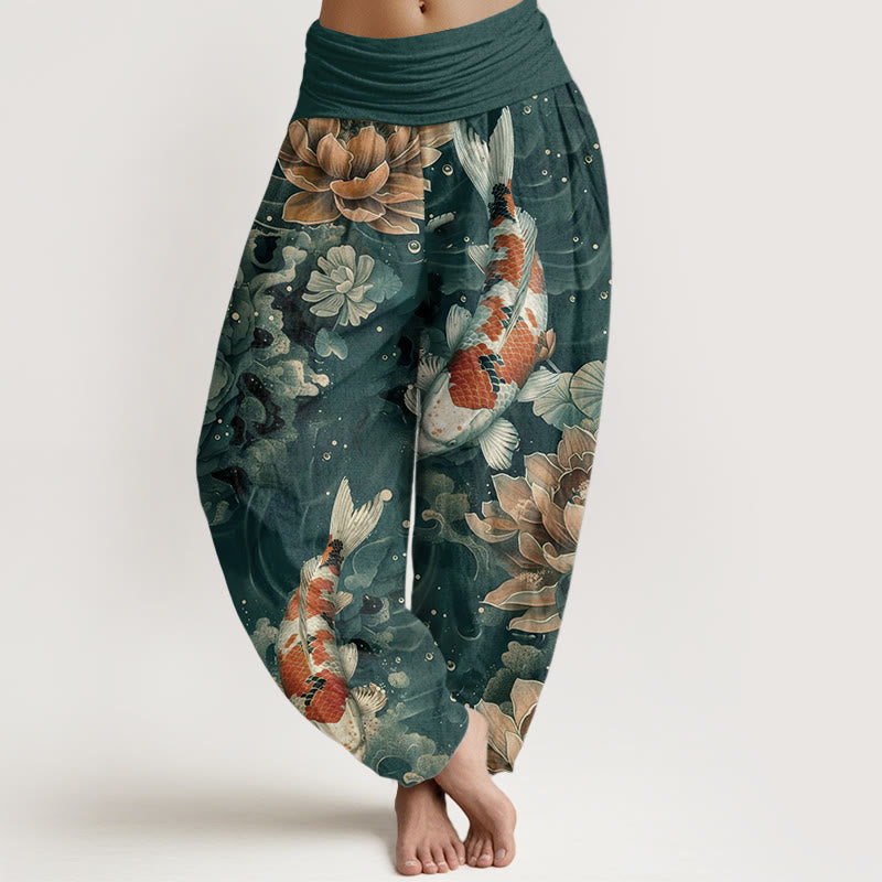 Pantalones bombachos de cintura elástica para mujer, de algodón con estampado de Buddha Stones, peces koi de colores y flores de loto. - Verde mar claro - US22，UK/AU26，EU54 (6XL) - image 0