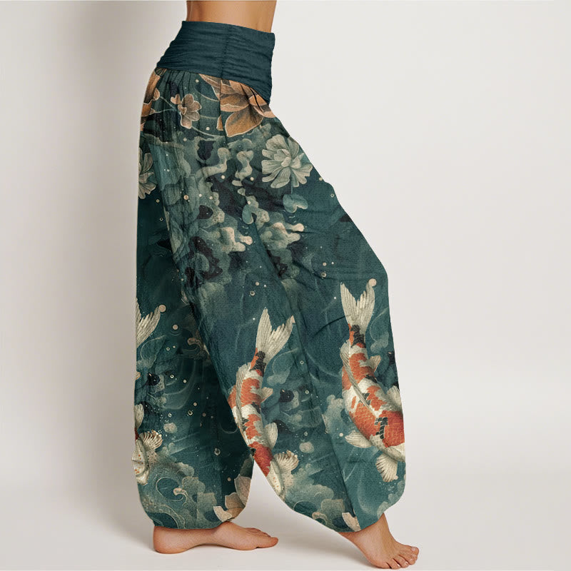 Pantalones bombachos de cintura elástica para mujer, de algodón con estampado de Buddha Stones, peces koi de colores y flores de loto. - image 2