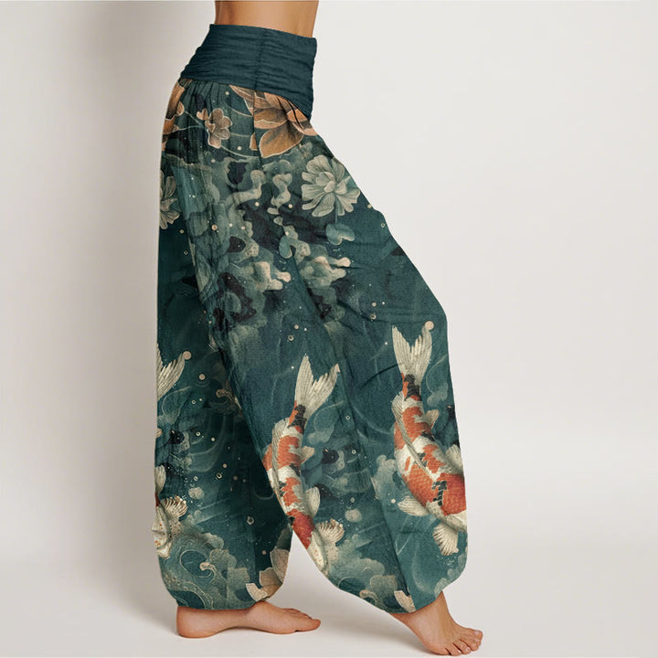Pantalones bombachos de cintura elástica para mujer, de algodón con estampado de Buddha Stones, peces koi de colores y flores de loto. - image 2