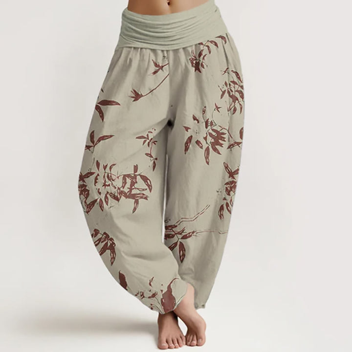 Pantalones bombachos de cintura elástica para mujer con estampado de ramas y piedras de Buddha Stones, de algodón. - Caqui - US22，UK/AU26，EU54 (6XL) - image 0