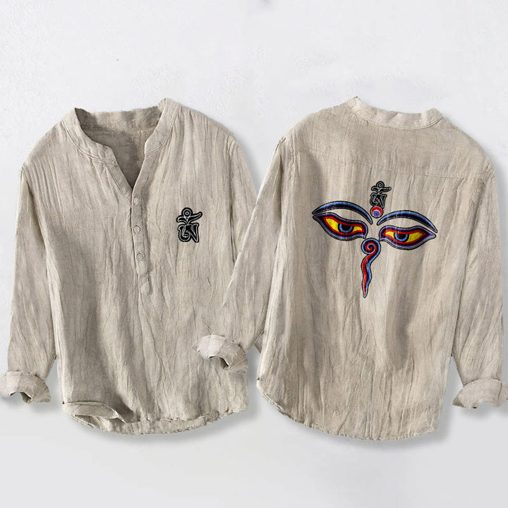 Camisa de manga larga para hombre, de algodón y lino, con estampado de ojos, Buddha Stones y medio botón. - Lino - US/UK/AU50, EU60 (5XL) - image 3