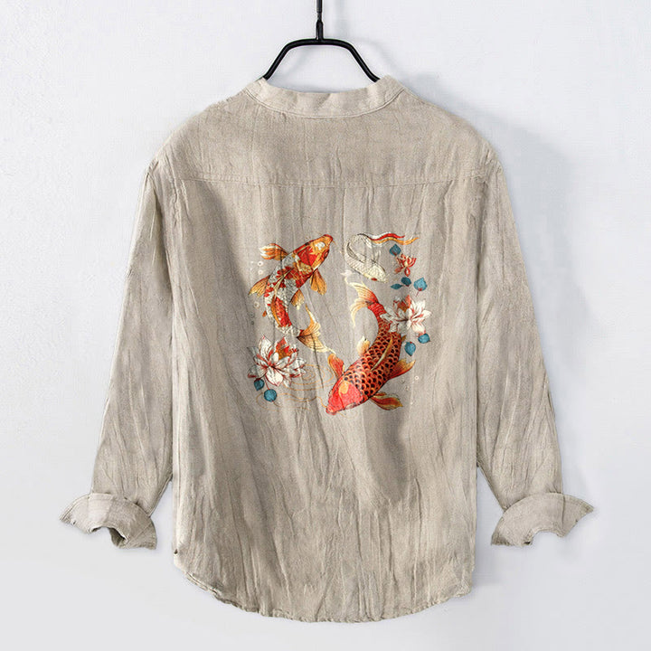 Camisa de manga larga para hombre, de algodón y lino, con estampado de Buddha Stones , peces koi brillantes y loto, con botones a la mitad. - Lino - US/UK/AU50, EU60 (5XL) - image 3