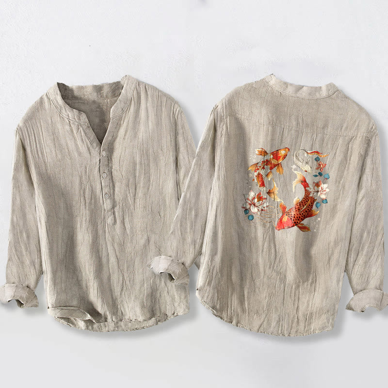 Camisa de manga larga para hombre, de algodón y lino, con estampado de Buddha Stones , peces koi brillantes y loto, con botones a la mitad. - image 5