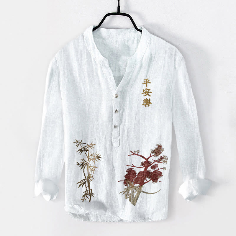 Camisa de manga larga para hombre de algodón y lino con botones a la mitad , Buddha Stones, caracteres chinos, pino y bambú. - Blanco - US/UK/AU50, EU60 (5XL) - image 0