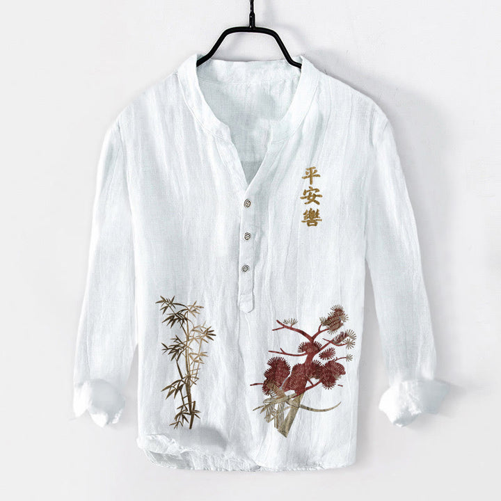 Camisa de manga larga para hombre de algodón y lino con botones a la mitad , Buddha Stones, caracteres chinos, pino y bambú. - Blanco - US/UK/AU50, EU60 (5XL) - image 0