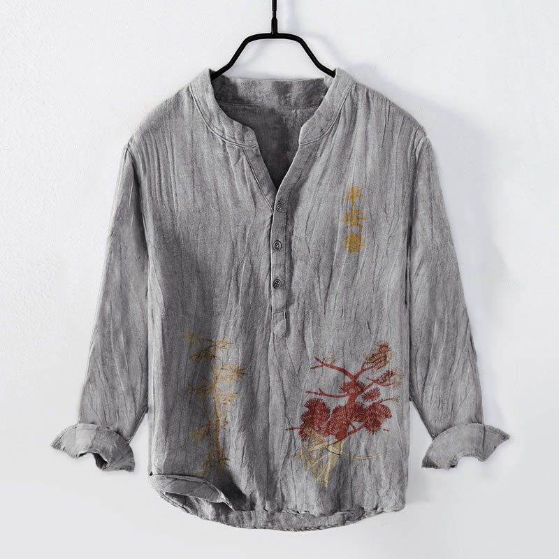 Camisa de manga larga para hombre de algodón y lino con botones a la mitad , Buddha Stones, caracteres chinos, pino y bambú. - Gris - US/UK/AU50, EU60 (5XL) - image 6