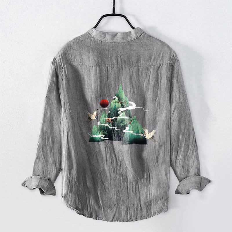 Camisa de manga larga para hombre, de algodón y lino, con estampado de Buddha Stones rojo, montaña y grulla, con botones a la mitad. - image 2