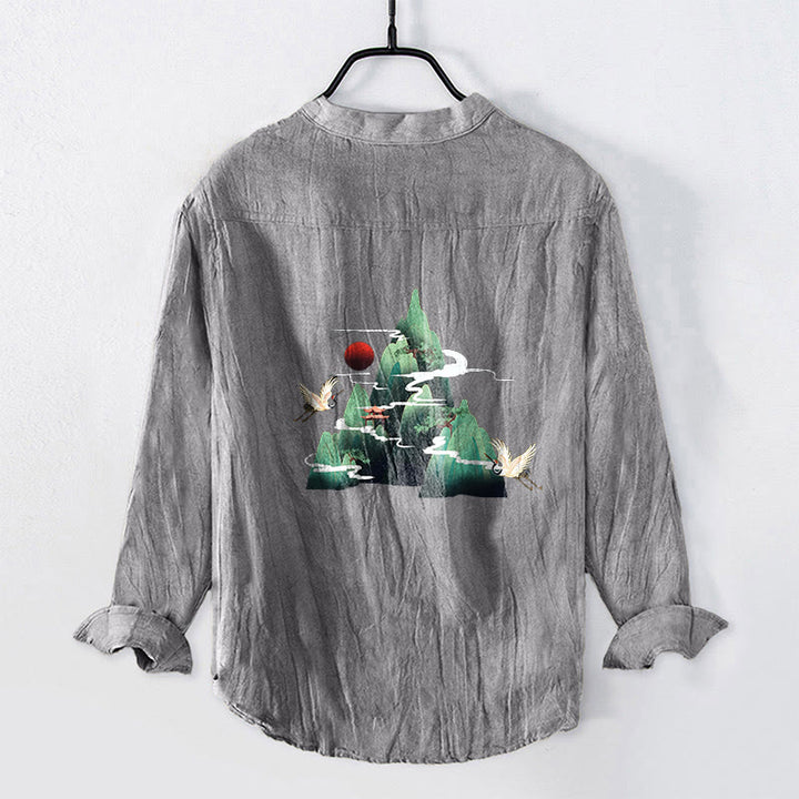 Camisa de manga larga para hombre, de algodón y lino, con estampado de Buddha Stones rojo, montaña y grulla, con botones a la mitad. - image 2