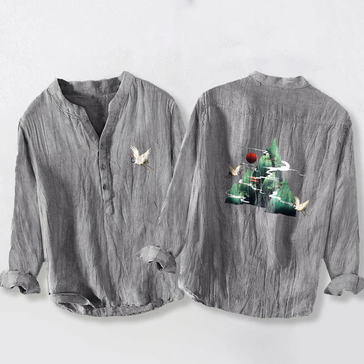 Camisa de manga larga para hombre, de algodón y lino, con estampado de Buddha Stones rojo, montaña y grulla, con botones a la mitad. - Gris - US/UK/AU50, EU60 (5XL) - image 0