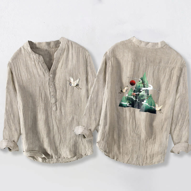 Camisa de manga larga para hombre, de algodón y lino, con estampado de Buddha Stones rojo, montaña y grulla, con botones a la mitad. - Lino - US/UK/AU50, EU60 (5XL) - image 3