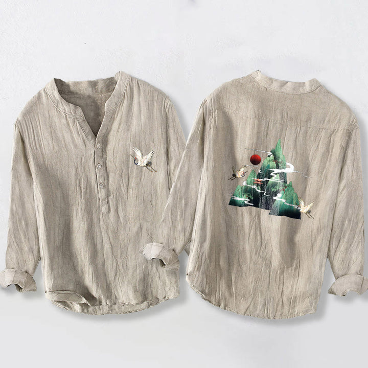 Camisa de manga larga para hombre, de algodón y lino, con estampado de Buddha Stones rojo, montaña y grulla, con botones a la mitad. - Lino - US/UK/AU50, EU60 (5XL) - image 3