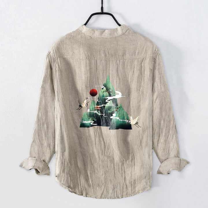 Camisa de manga larga para hombre, de algodón y lino, con estampado de Buddha Stones rojo, montaña y grulla, con botones a la mitad. - image 5