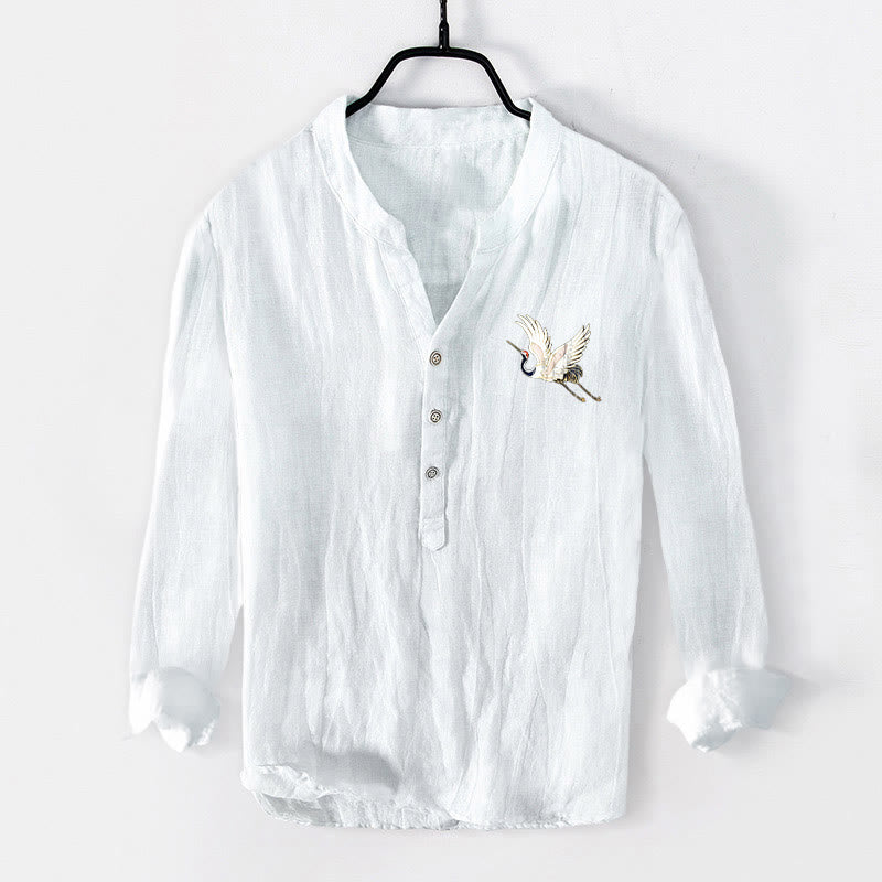 Camisa de manga larga para hombre, de algodón y lino, con estampado de Buddha Stones rojo, montaña y grulla, con botones a la mitad. - image 7