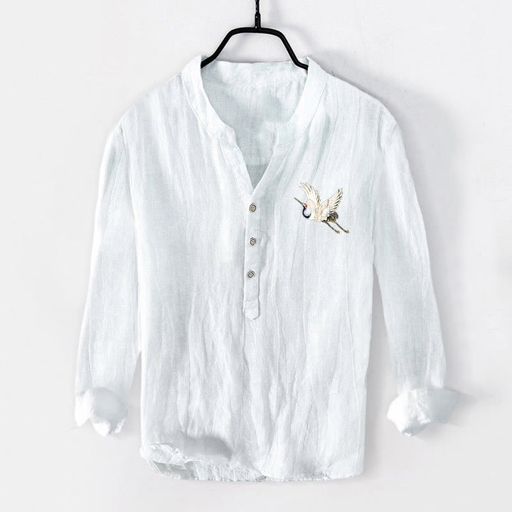 Camisa de manga larga para hombre, de algodón y lino, con estampado de Buddha Stones rojo, montaña y grulla, con botones a la mitad. - image 7