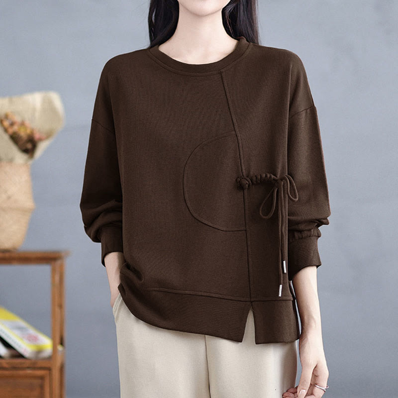 Sudadera de manga larga para mujer, cuello redondo, diseño liso con botones de rana y Buddha Stones. - image 0